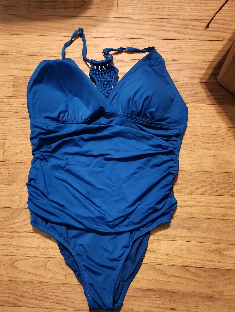 Blue One-Piece Swimsuit with Macramé Neck Detail